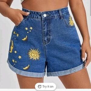 SHEIN Blue Denim Shorts with Sun and Moon Painted Design